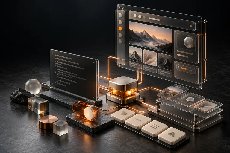 Build69 — AI-Agent Design System. Concept artwork: glass interface components and warm copper connections assembling into an application panel.