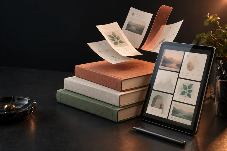 ThaiCampus — Student Study-Material Marketplace. Concept artwork: linen-covered textbooks, floating study notes, and a tablet displaying digital materials.