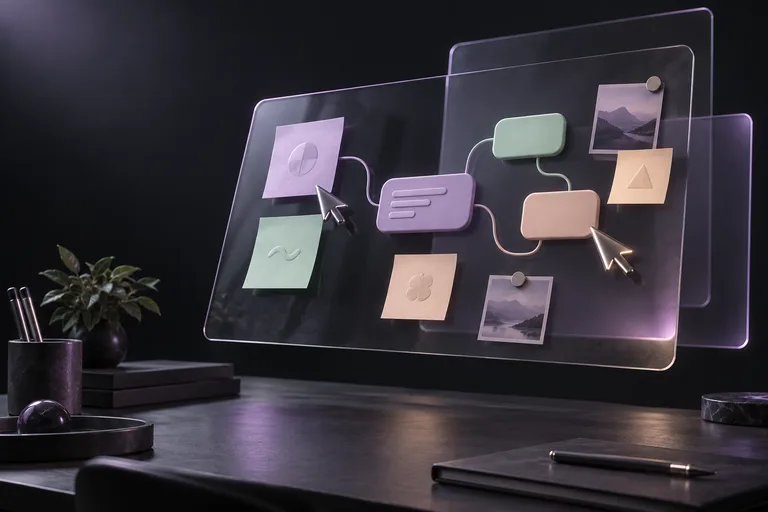 Corridraw — The Innovation Workspace for Teams. Concept artwork: floating glass boards with tactile idea tiles and metallic collaboration cursors.