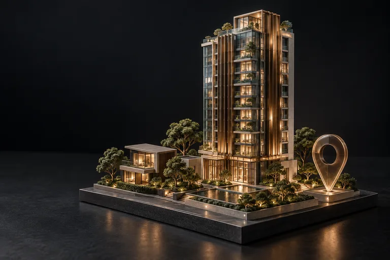 Condo69 — Property Discovery Platform. Concept artwork: a detailed bronze and glass condominium model with a modern home and location marker.