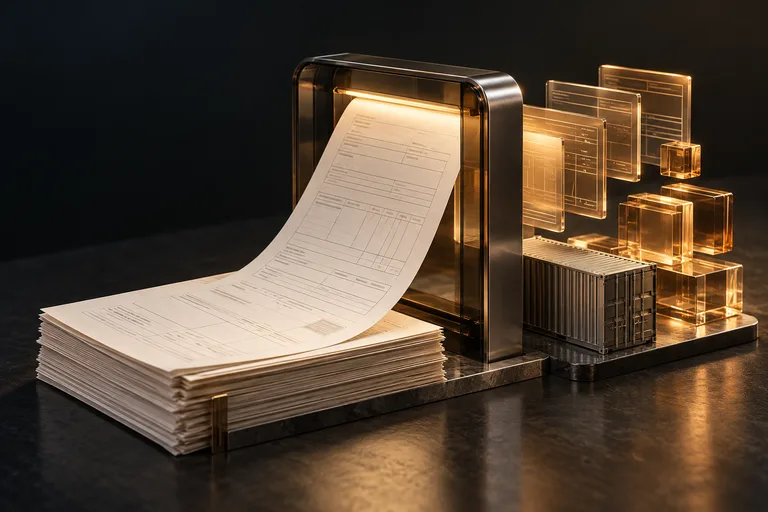 KabyTech — Freight Document Intelligence for Thai Logistics. Concept artwork: freight paperwork passes through an amber glass scanner and becomes structured data.