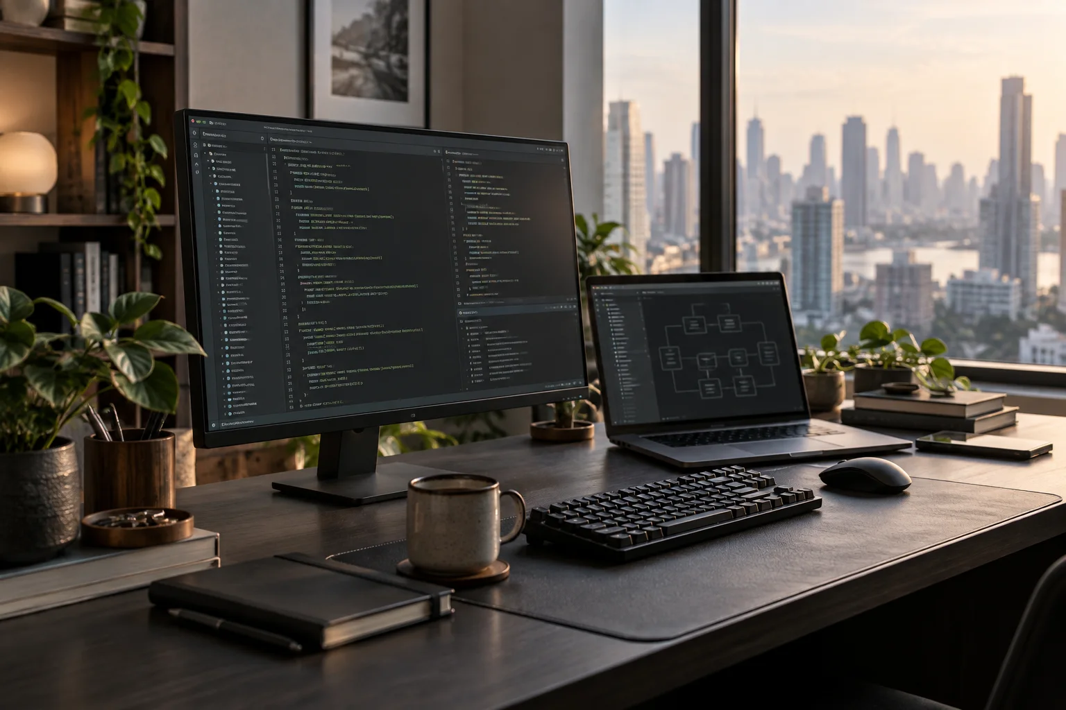 Illustrative engineering workspace with code and architecture screens beside a city window.