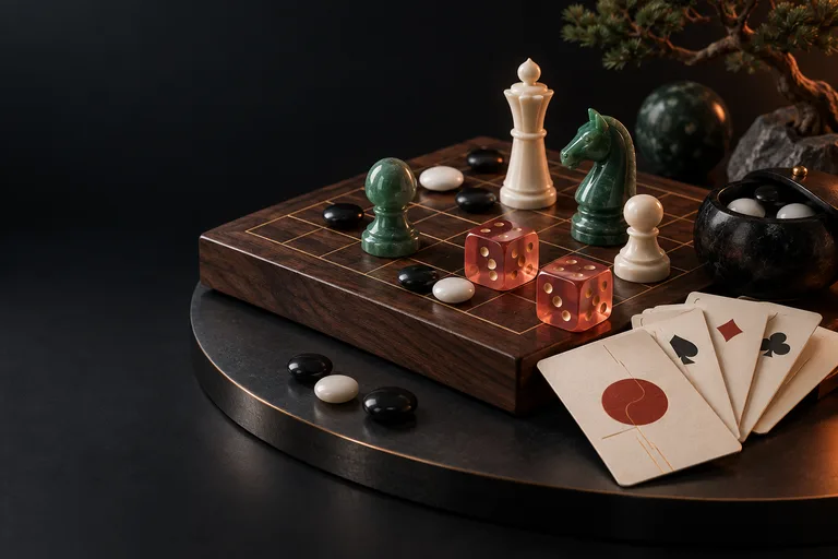 NungPlay — Browser Game Platform. Concept artwork: jade and ivory strategy pieces, coral glass dice, playing cards, and Go stones on a crafted walnut game board.