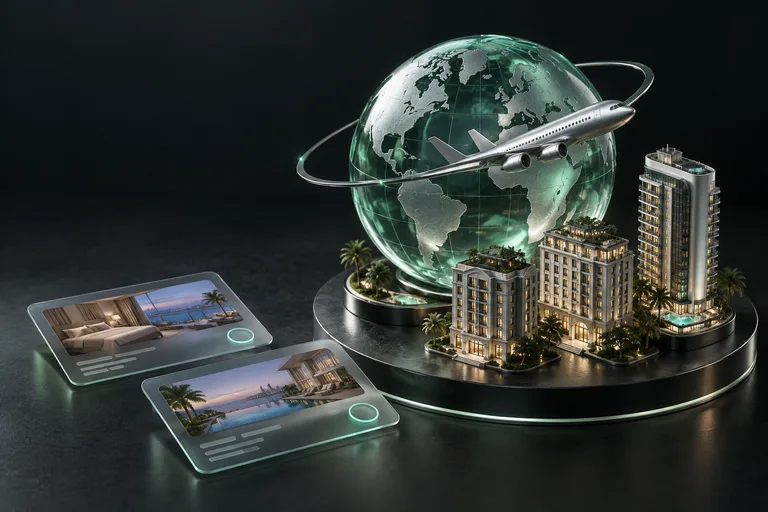 B2B OTA Platform. Concept artwork: a mint glass globe, silver aircraft, and miniature hotels.